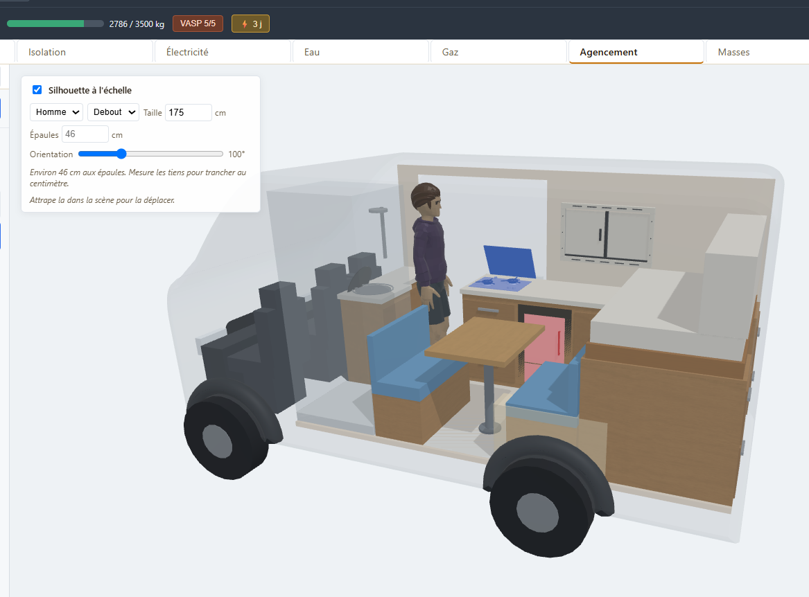L'éditeur Vagabee : un fourgon aménagé en 3D, silhouette à l'échelle, jauge de poids et contrôles VASP